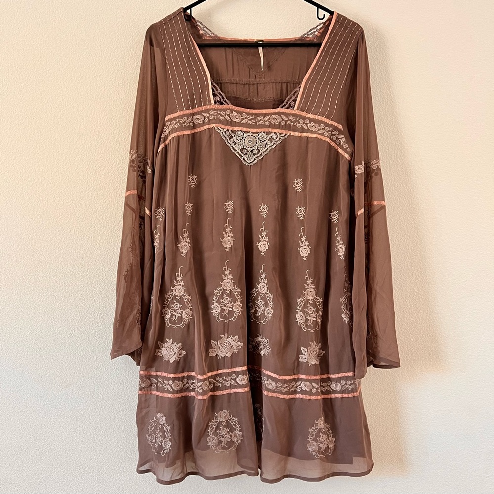 Free People Y2K Mauve Embroidered Rose Bell Sleeve Sheer Tunic Dress Medium